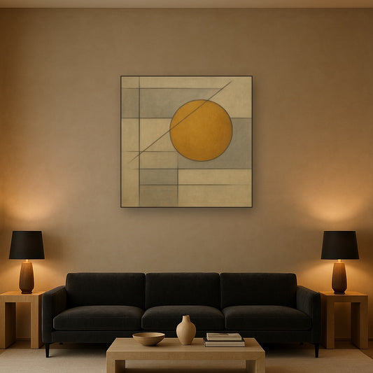 Abstract Tangent Lines & Earthy Ochre Disc No. 15 Oil Painting Staged Above Sectional Sofa in Living Room, Hand Painted Canvas Wall Art for Home Decor