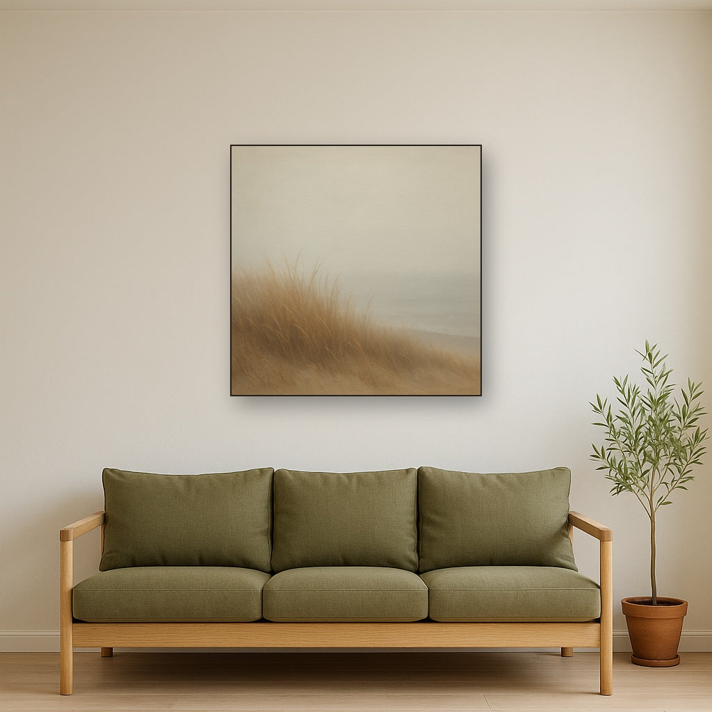 Silent Dune Grass in November Sea Fog No. 24 Oil Painting Staged Above Sectional Sofa in Living Room, Hand Painted Canvas Wall Art for Home Decor