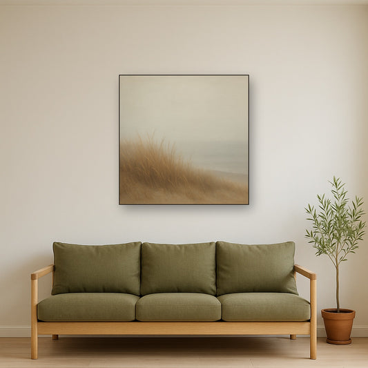 Silent Dune Grass in November Sea Fog No. 24 Oil Painting Staged Above Sectional Sofa in Living Room, Hand Painted Canvas Wall Art for Home Decor