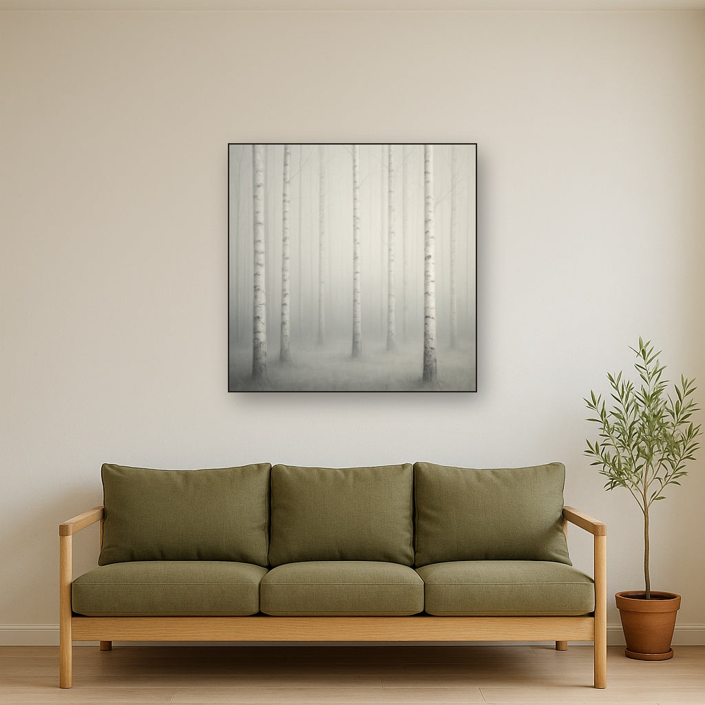 Pale Birch Woodland Silhouette in Whiteout No. 2 Oil Painting Staged Above Sectional Sofa in Living Room, Hand Painted Canvas Wall Art for Home Decor