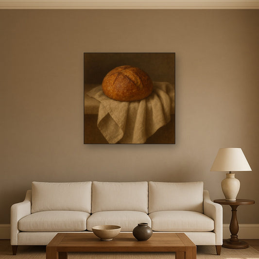 Artisan Sourdough Boule & Linen Drapery No. 7 Oil Painting Staged Above Sectional Sofa in Living Room, Hand Painted Canvas Wall Art for Home Decor
