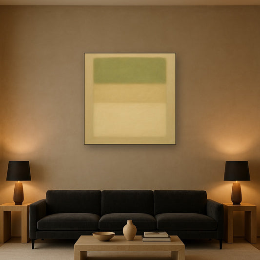 Sage Olive & Pale Sandstone Minimalist Harmony Oil Painting Staged Above Sectional Sofa in Living Room, Hand Painted Canvas Wall Art for Home Decor