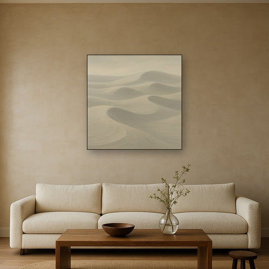 Monochrome Sand Dune Contours & Pale Slate No. 27 Oil Painting Staged Above Sectional Sofa in Living Room, Hand Painted Canvas Wall Art for Home Decor