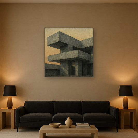 Brutalist Concrete Cantilever Architectural Oil Painting - Styled in Modern Living Room