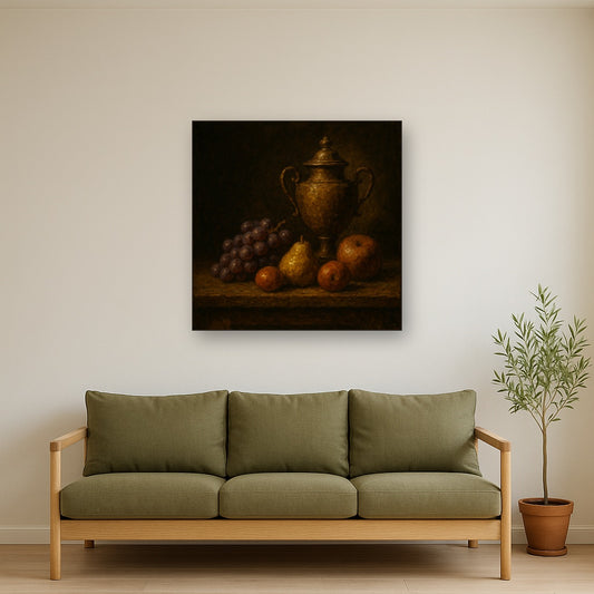 Classical Chiaroscuro Fruit & Urn Still Life No. 4 Oil Painting - Styled in Modern Living Room