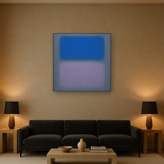 Cobalt Azure & Twilight Lavender Immersion No. 28 Oil Painting Staged Above Sectional Sofa in Living Room, Hand Painted Canvas Wall Art for Home Decor