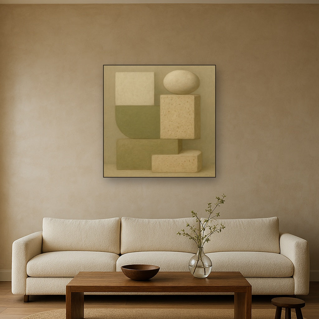 Muted Olive & Sandstone Geometric Balance No. 2 Oil Painting Staged Above Sectional Sofa in Living Room, Hand Painted Canvas Wall Art for Home Decor