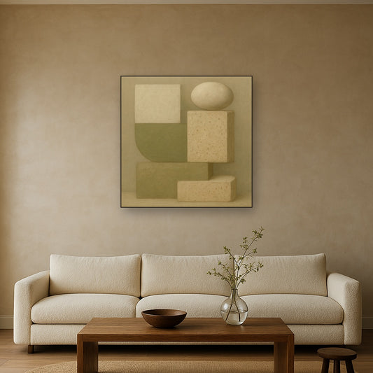 Muted Olive & Sandstone Geometric Balance No. 2 Oil Painting Staged Above Sectional Sofa in Living Room, Hand Painted Canvas Wall Art for Home Decor