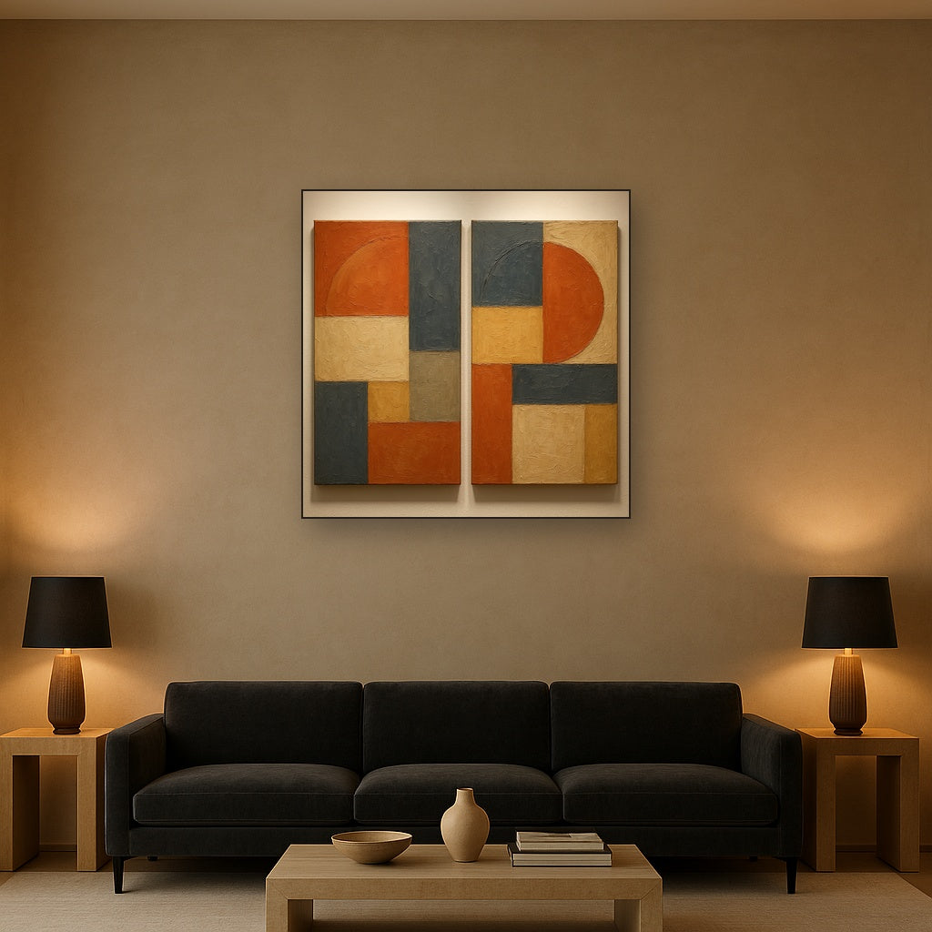 Mid-Century Geometric Duet Oil Painting - Styled in Modern Living Room