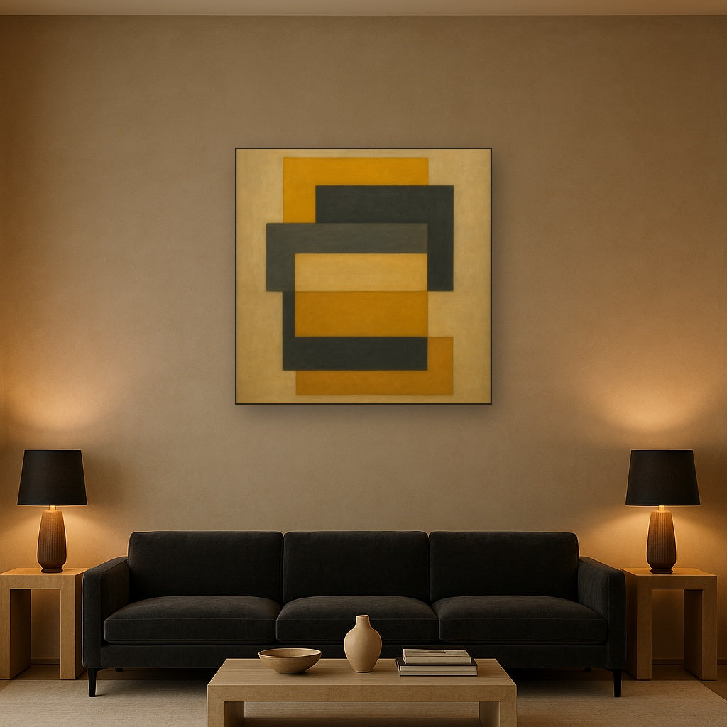 Stacked Horizon Blocks in Mustard & Charcoal No. 8 Oil Painting - View 2