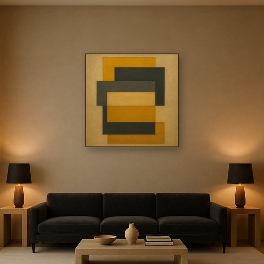 Stacked Horizon Blocks in Mustard & Charcoal No. 8 Oil Painting - View 2