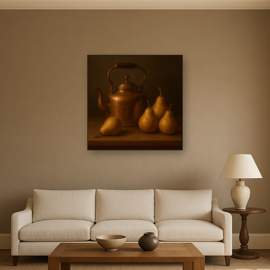 Antique Copper Kettle & Orchard Pears No. 5 Oil Painting Staged Above Sectional Sofa in Living Room, Hand Painted Canvas Wall Art for Home Decor