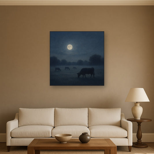 Moonlit Pastoral Meadow & Cattle Silhouettes No. 5 Oil Painting - View 2
