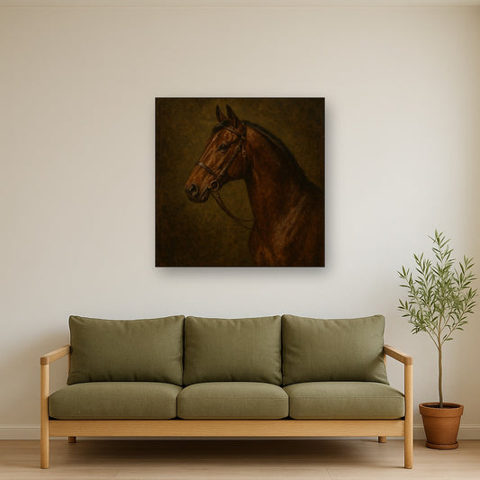 Vintage Equestrian Thoroughbred Portrait No. 2 Oil Painting - Styled in Modern Living Room