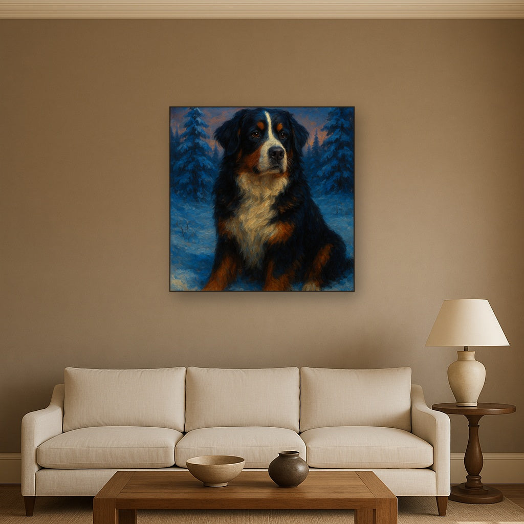 Bernese Mountain Dog in Winter Snowscape No. 9 Fine Art Oil Painting - View 2
