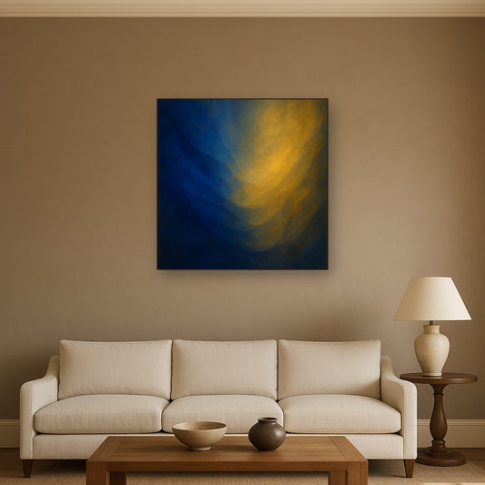 Lapis Lazuli & Golden Ochre Luminous Field No. 14 Oil Painting Staged Above Sectional Sofa in Living Room, Hand Painted Canvas Wall Art for Home Decor
