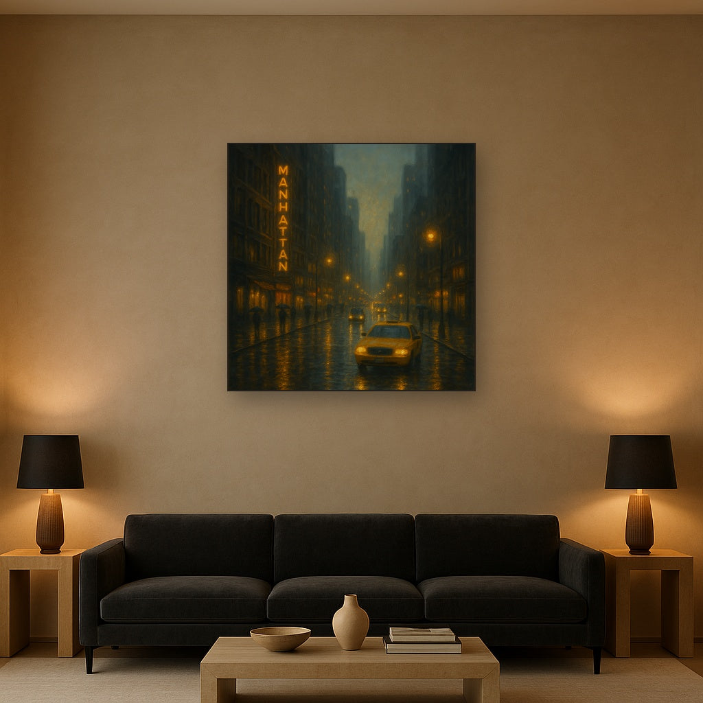 Rain-Drenched Manhattan Avenue Lights No. 28 Oil Painting - View 2
