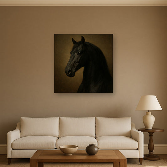 Dark Stallion Portrait in Classical Sfumato Oil Painting Staged Above Sectional Sofa in Living Room, Hand Painted Canvas Wall Art for Home Decor