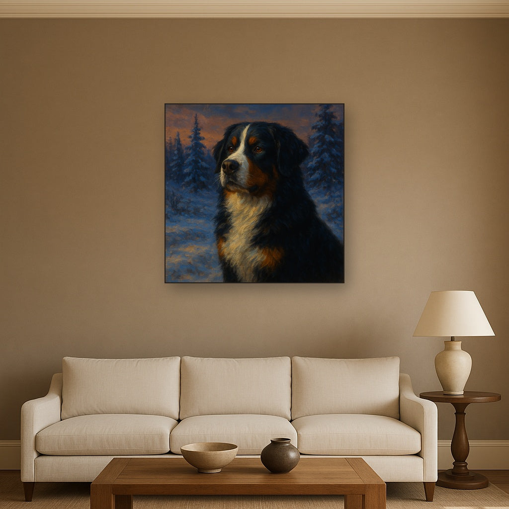 Bernese Mountain Dog in Winter Snowscape No. 10 Fine Art Oil Painting - View 2