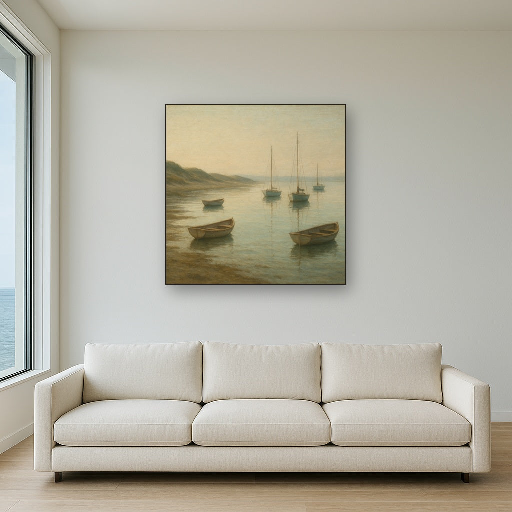 Quiet Fishing Harbor at Morning Low Tide No. 20 Oil Painting Staged Above Sectional Sofa in Living Room, Hand Painted Canvas Wall Art for Home Decor
