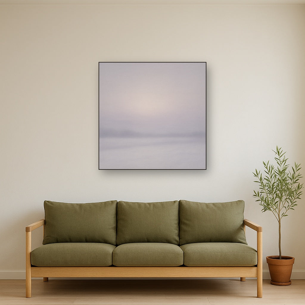 Winter Dawn Frost & Pale Silver Light No. 8 Oil Painting Staged Above Sectional Sofa in Living Room, Hand Painted Canvas Wall Art for Home Decor