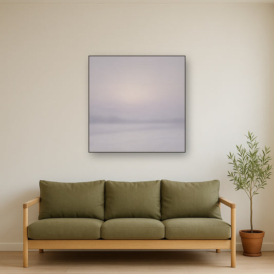 Winter Dawn Frost & Pale Silver Light No. 8 Oil Painting Staged Above Sectional Sofa in Living Room, Hand Painted Canvas Wall Art for Home Decor