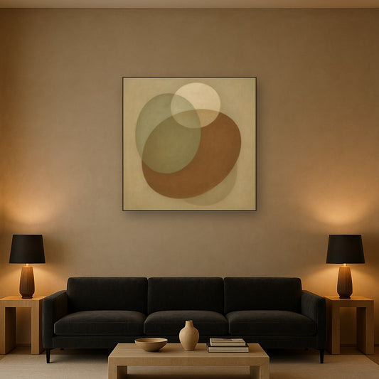 Floating Ellipse Harmony in Walnut & Pale Sage No. 21 Oil Painting Staged Above Sectional Sofa in Living Room, Hand Painted Canvas Wall Art for Home Decor