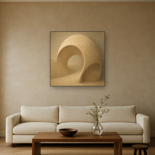 Soft Architectural Curve in Desert Bone No. 19 Oil Painting Staged Above Sectional Sofa in Living Room, Hand Painted Canvas Wall Art for Home Decor