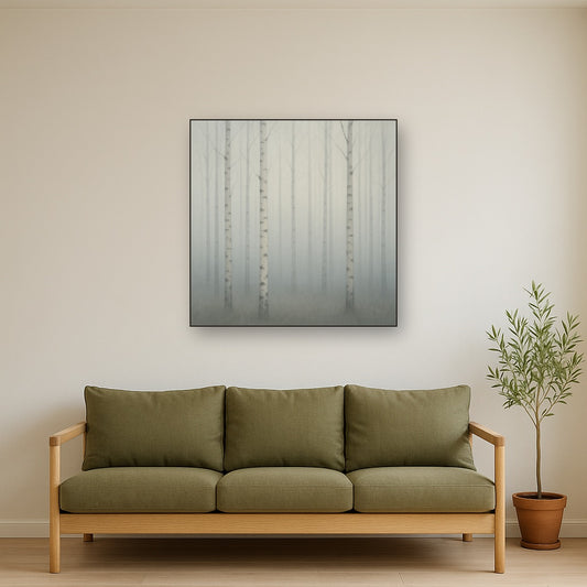 Pale Birch Woodland Silhouette in Whiteout No. 25 Oil Painting Staged Above Sectional Sofa in Living Room, Hand Painted Canvas Wall Art for Home Decor