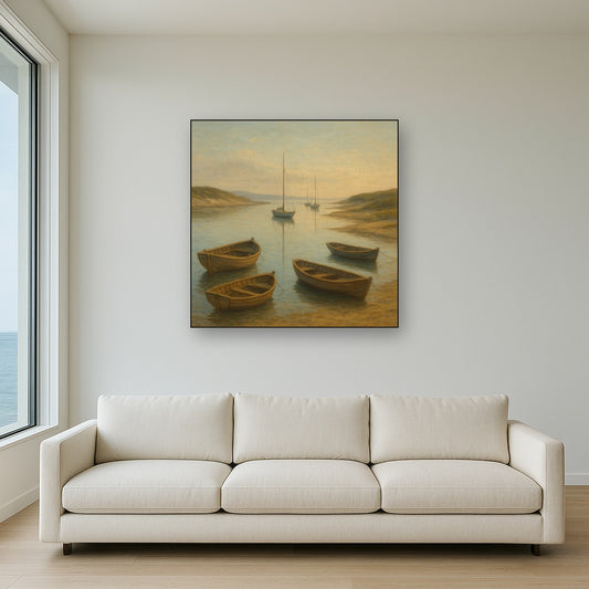 Quiet Fishing Harbor at Morning Low Tide No. 6 Oil Painting Staged Above Sectional Sofa in Living Room, Hand Painted Canvas Wall Art for Home Decor