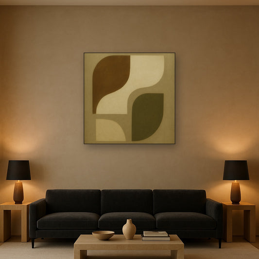 Minimalist Asymmetrical Balance in Raw Umber No. 9 Oil Painting Staged Above Sectional Sofa in Living Room, Hand Painted Canvas Wall Art for Home Decor