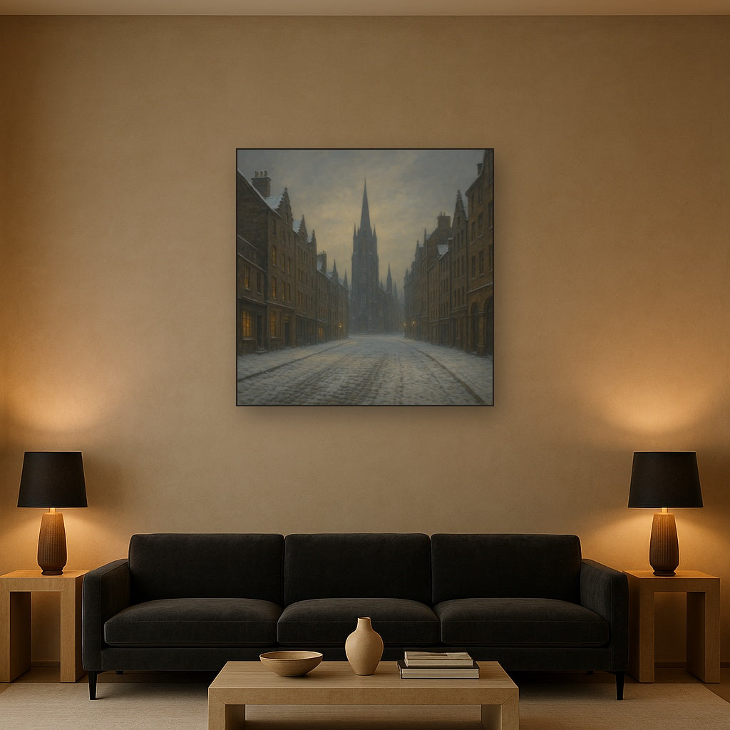 Edinburgh Old Town Royal Mile in Snow No. 21 Oil Painting Staged Above Sectional Sofa in Living Room, Hand Painted Canvas Wall Art for Home Decor