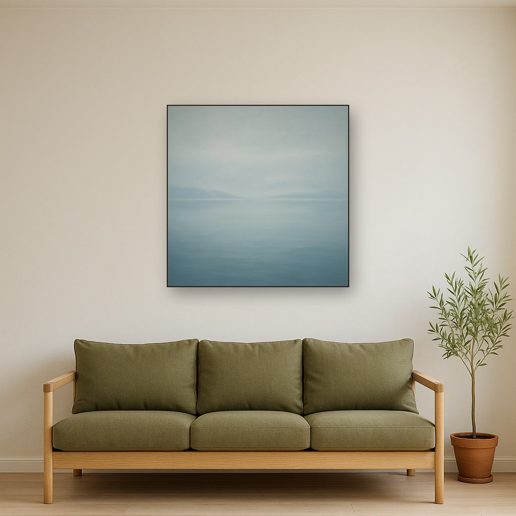 Glass Horizon over Quiet Arctic Waters No. 13 Oil Painting Staged Above Sectional Sofa in Living Room, Hand Painted Canvas Wall Art for Home Decor