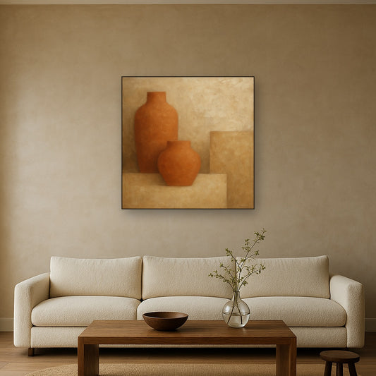 Earthy Terracotta & Weathered Plaster Wash No. 30 Oil Painting Staged Above Sectional Sofa in Living Room, Hand Painted Canvas Wall Art for Home Decor