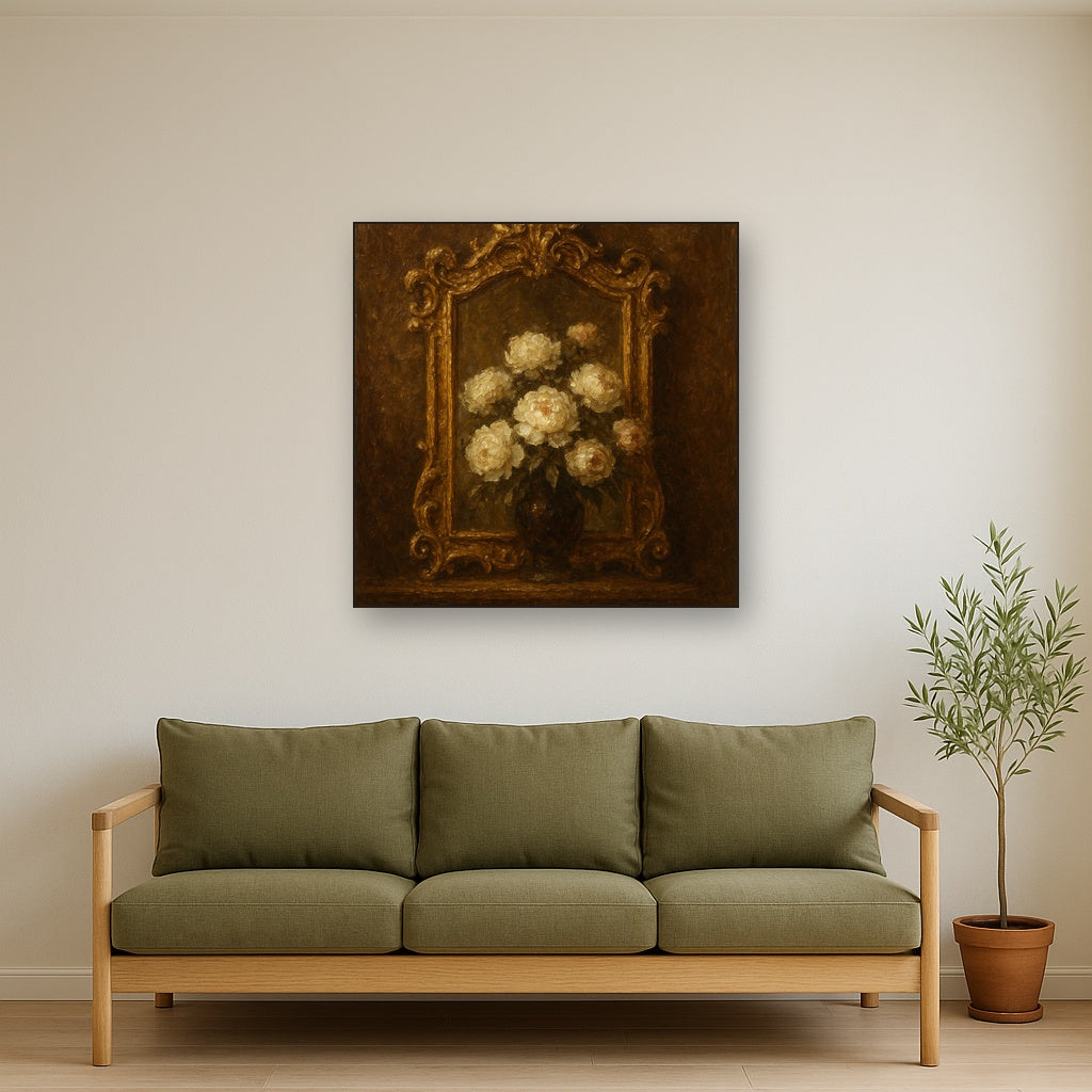 Baroque Gilded Mirror & Peonies No. 5 Oil Painting - Styled in Modern Living Room
