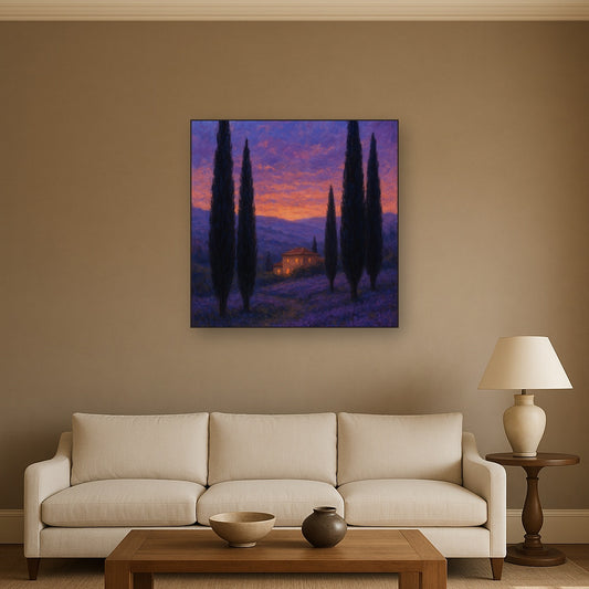 Tuscan Cypress Twilight Landscape Oil Painting - View 2