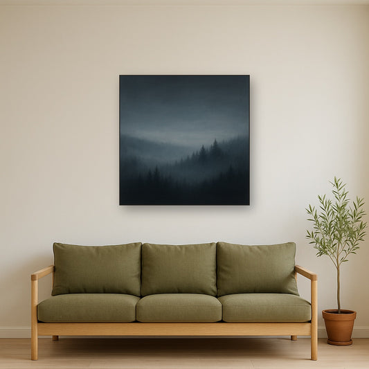 Dusk over Silent Pine Ridgeline in Charcoal Fog No. 4 Oil Painting Staged Above Sectional Sofa in Living Room, Hand Painted Canvas Wall Art for Home Decor