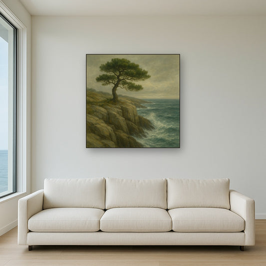 Wild Coastal Pine on Stormy Granite Cliff No. 5 Oil Painting Staged Above Sectional Sofa in Living Room, Hand Painted Canvas Wall Art for Home Decor