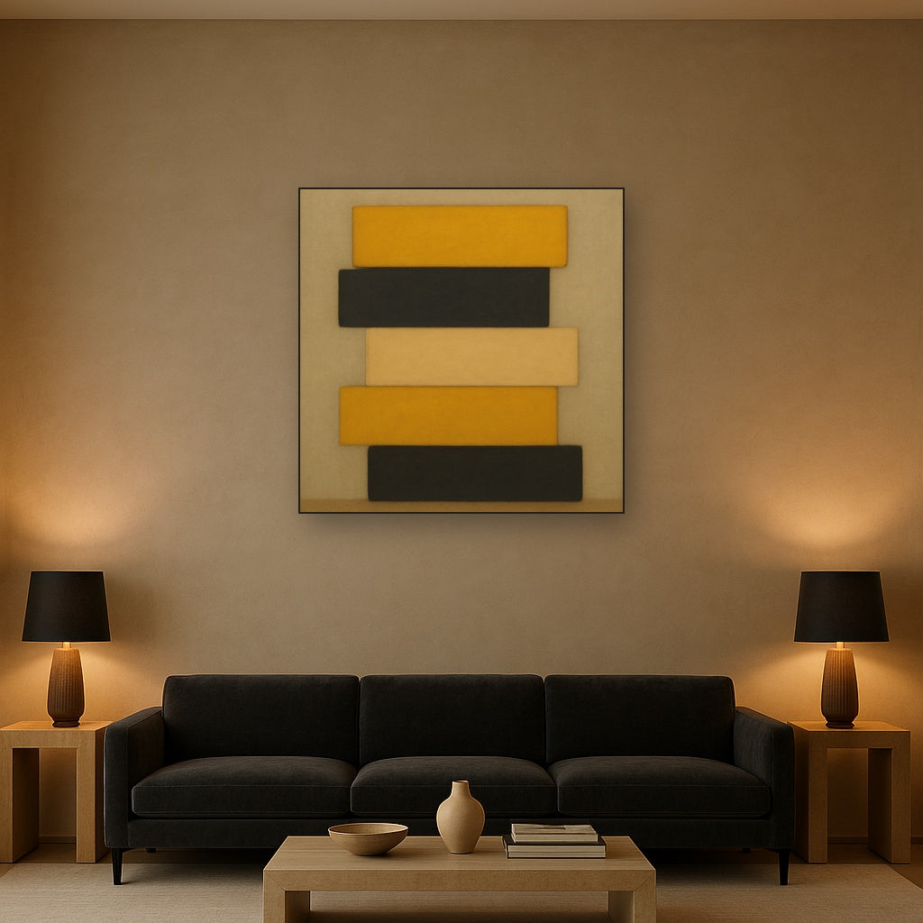 Stacked Horizon Blocks in Mustard & Charcoal No. 10 Oil Painting - View 2