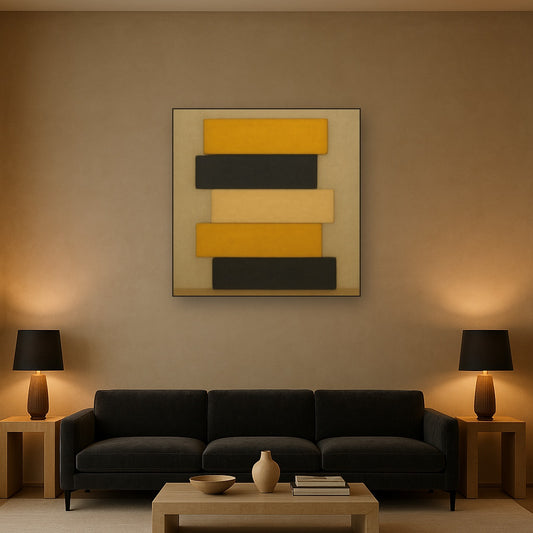 Stacked Horizon Blocks in Mustard & Charcoal No. 10 Oil Painting Staged Above Sectional Sofa in Living Room, Hand Painted Canvas Wall Art for Home Decor
