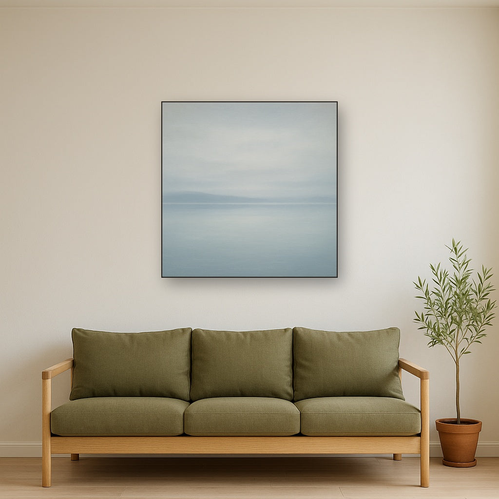 Glass Horizon over Quiet Arctic Waters No. 9 Oil Painting Staged Above Sectional Sofa in Living Room, Hand Painted Canvas Wall Art for Home Decor