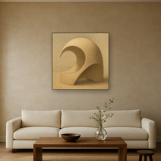 Soft Architectural Curve in Desert Bone No. 7 Oil Painting Staged Above Sectional Sofa in Living Room, Hand Painted Canvas Wall Art for Home Decor