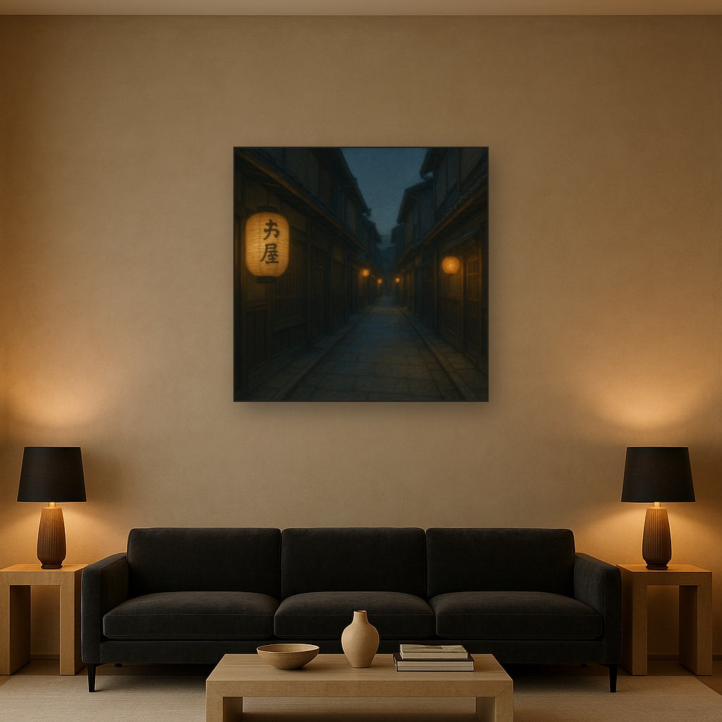 Old Kyoto Gion Alley in Soft Lantern Light No. 6 Oil Painting Staged Above Sectional Sofa in Living Room, Hand Painted Canvas Wall Art for Home Decor