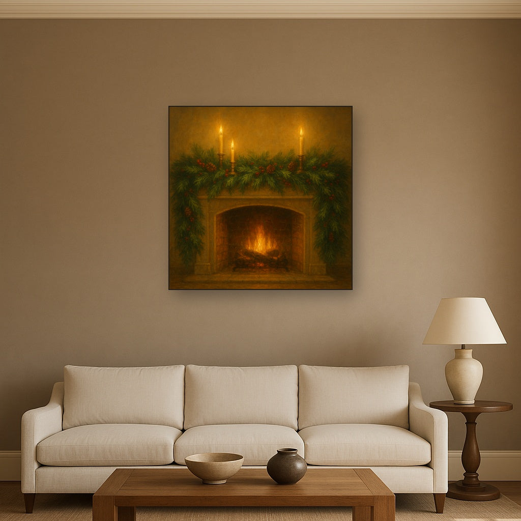 Vintage Fireside Hearth & Cedar Garlands Oil Painting - View 2