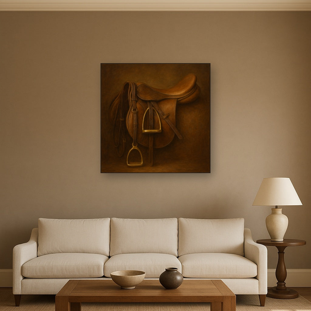 Vintage Bridle & Polished Leather Saddle No. 7 Oil Painting Staged Above Sectional Sofa in Living Room, Hand Painted Canvas Wall Art for Home Decor