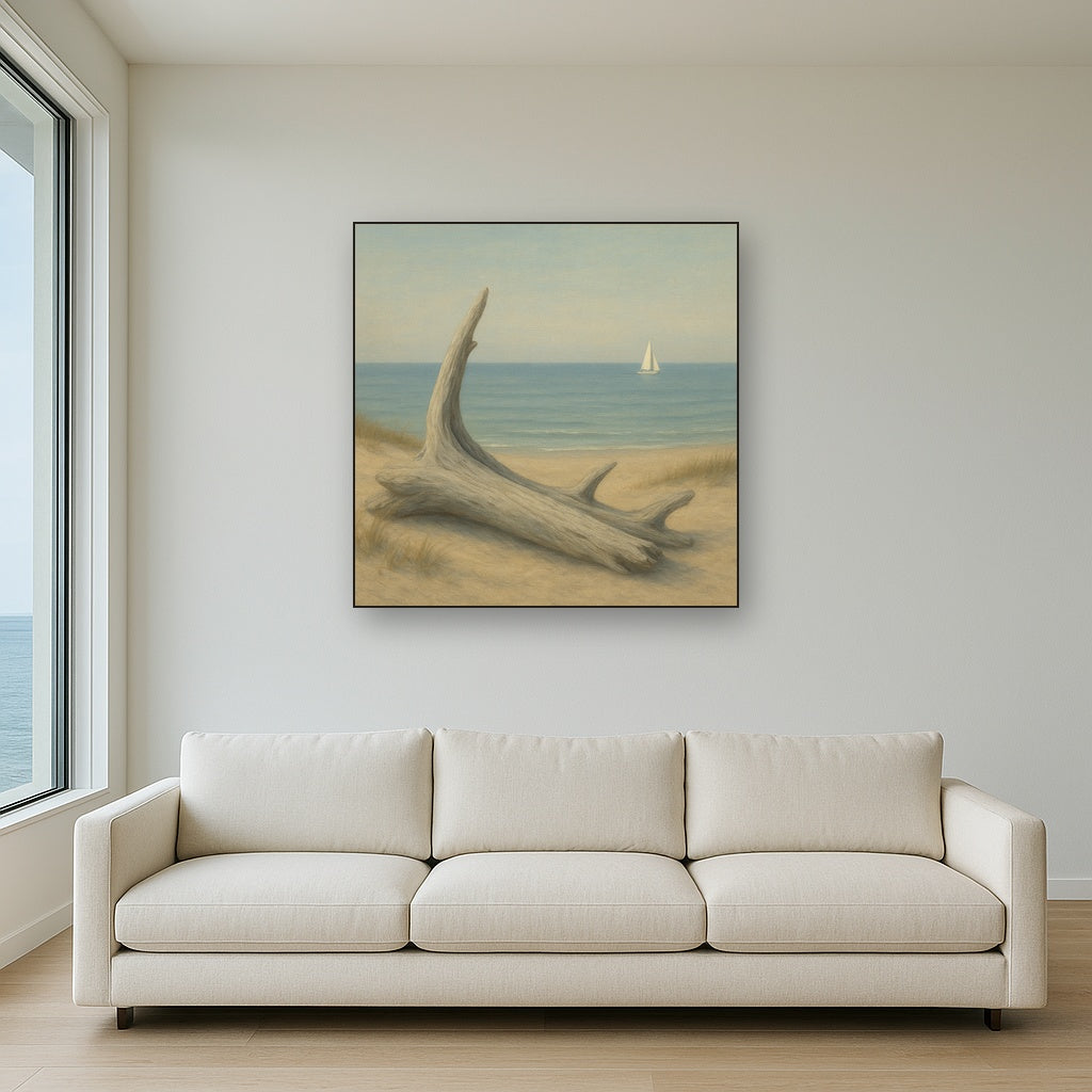 Sun-Bleached Driftwood & Distant Sailboat No. 14 Oil Painting - View 2