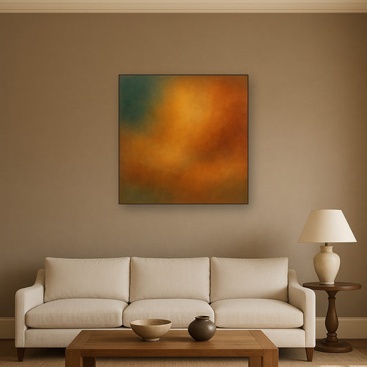Deep Topaz & Spiced Terracotta Glow No. 15 Oil Painting Staged Above Sectional Sofa in Living Room, Hand Painted Canvas Wall Art for Home Decor