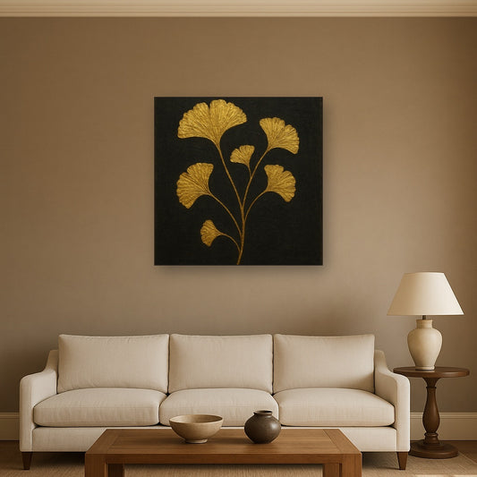 Gilded Ginkgo Biloba Silhouette Luxury Oil Painting - Styled in Modern Living Room