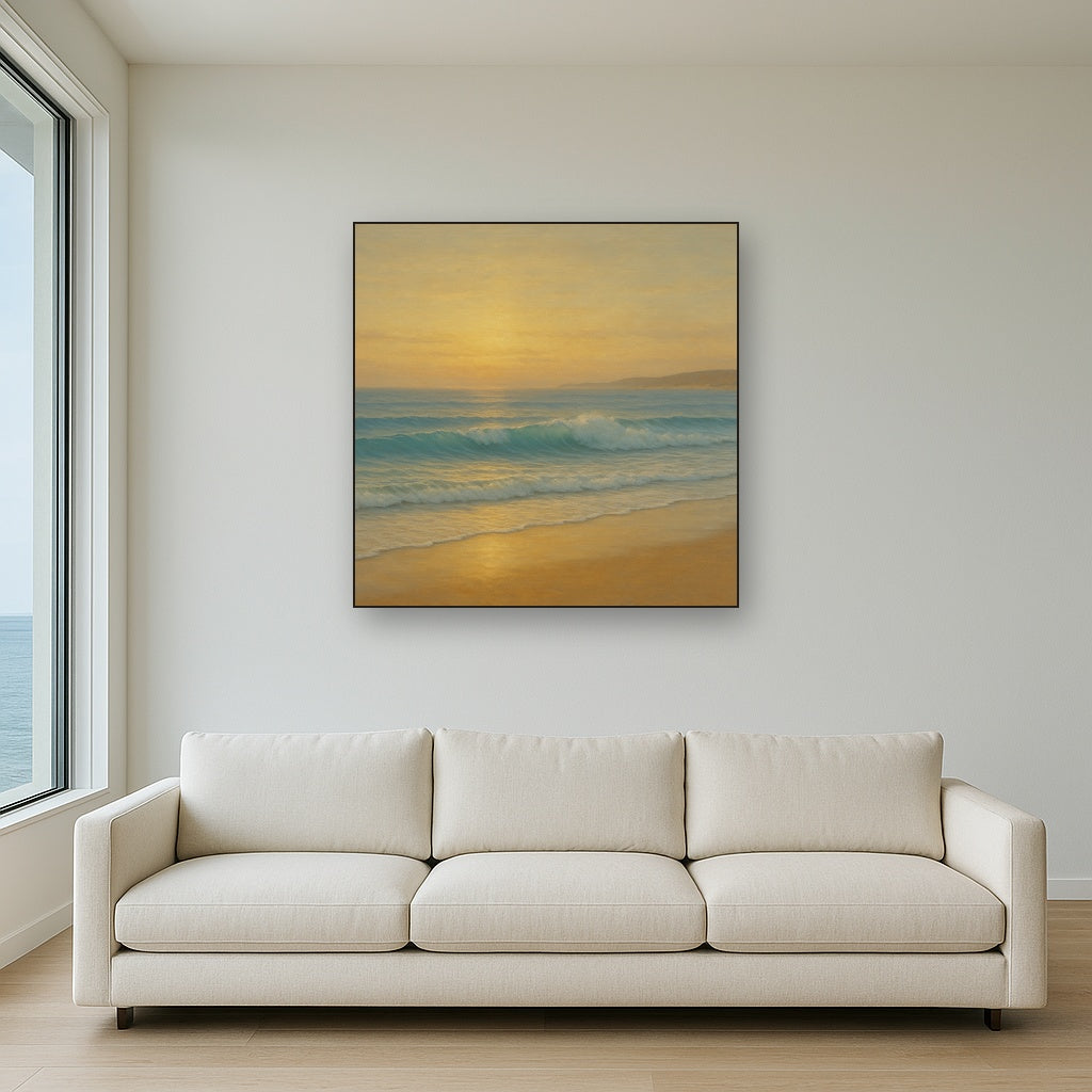Gentle Breaking Waves & Wet Beach Reflection No. 3 Oil Painting Staged Above Sectional Sofa in Living Room, Hand Painted Canvas Wall Art for Home Decor