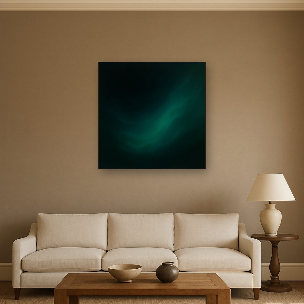 Midnight Teal & Deep Malachite Gradient No. 4 Oil Painting Staged Above Sectional Sofa in Living Room, Hand Painted Canvas Wall Art for Home Decor
